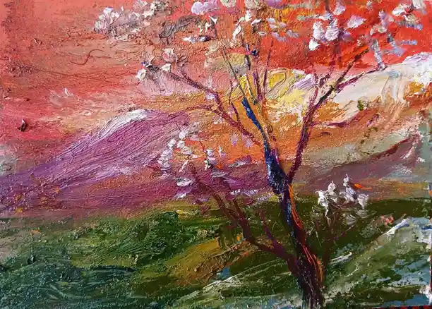 A textured, impressionistic painting shows a solitary tree with dark branches and white blossoms against a vibrant red and…