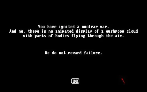 A black screen with white pixelated text mimicking a retro video game ending. The text reads: 'You have ignited a nuclear…