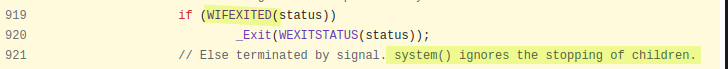 A screenshot of C/C++ code lines 919-921 showing a conditional exit statement with a comment explaining that system()…