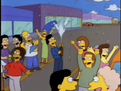 a six-panel gif from the simpsons showing a crowd of characters celebrating with confetti and champagne, with the camera…