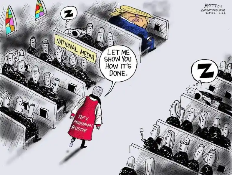 A cartoon depicts a church scene where Rev. Mariann Budde, wearing a red robe with her name, walks toward a congregation. In…
