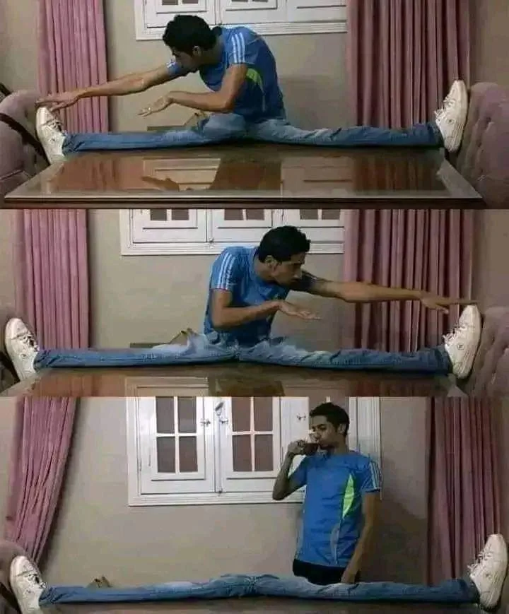 A man in a blue shirt and jeans is shown in three panels: first, stretching his legs wide apart across a glass table…