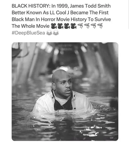 A black-and-white photo shows LL Cool J submerged in water up to his chest, looking upward with a serious expression. The…