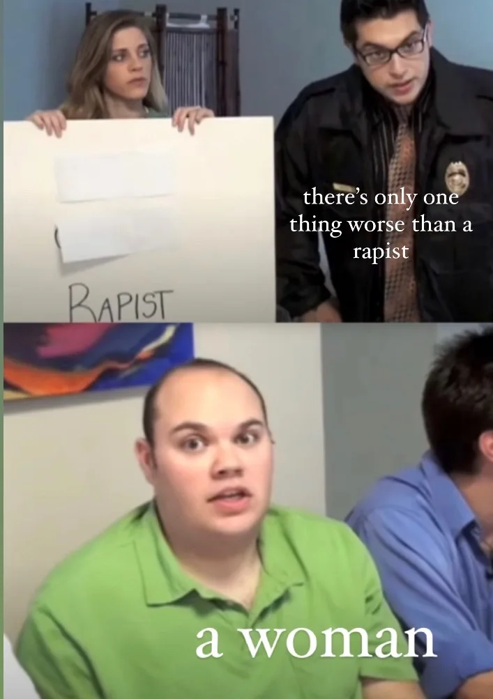Top panel: A woman holds a sign that reads 'RAPIST' while a man in a police uniform says 'there's only one thing worse than…