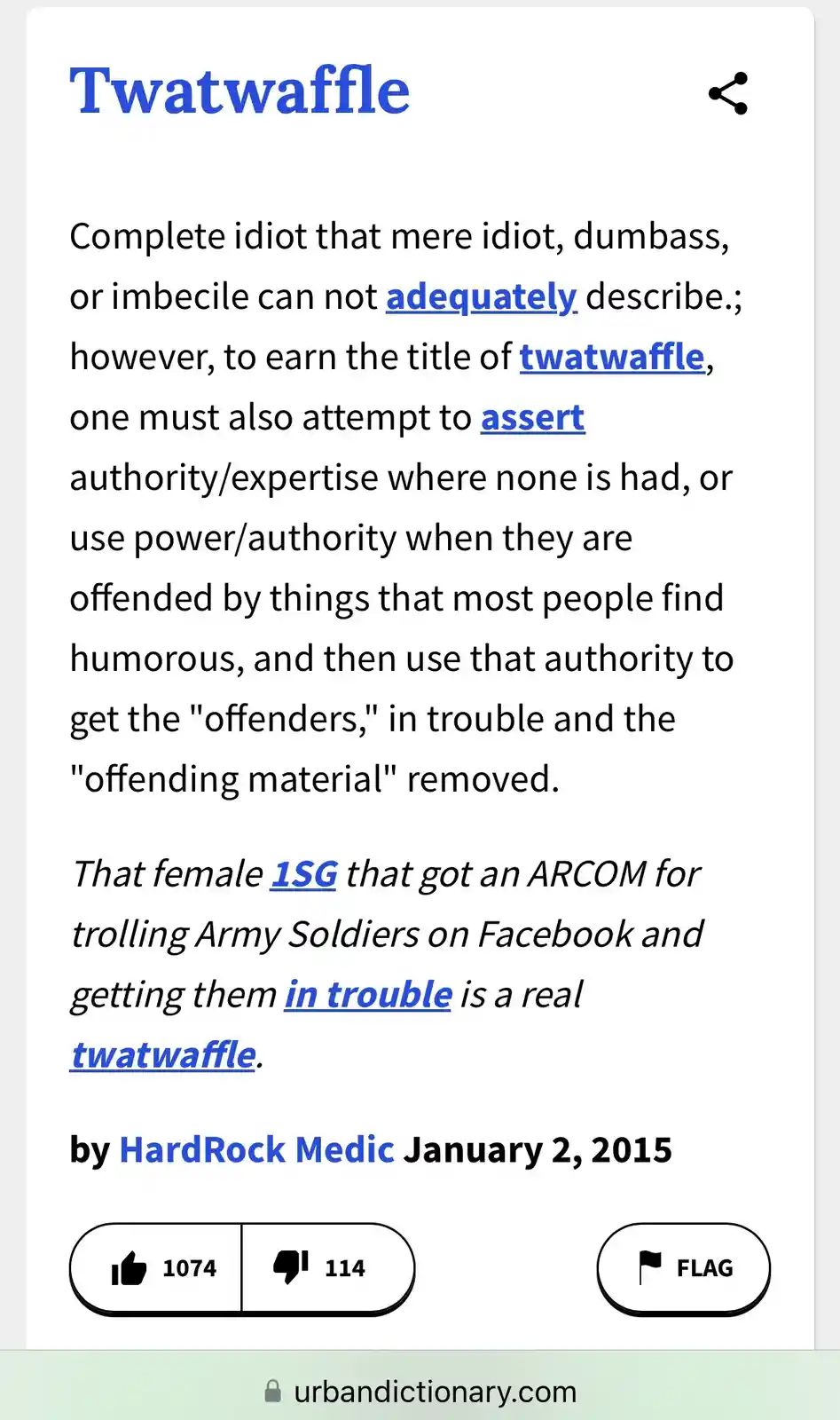 This image is a screenshot of an Urban Dictionary entry for 'Twatwaffle,' defining it as a complete idiot who abuses…