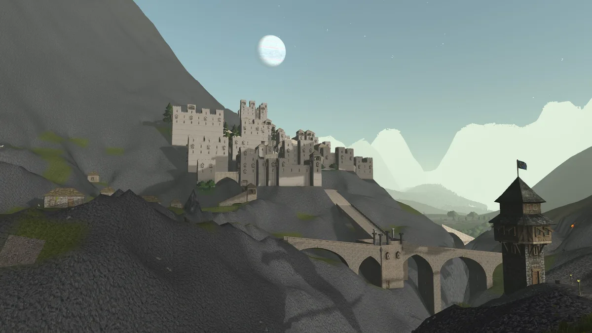 A screenshot from a video game shows a large, medieval-style castle perched on a mountain ridge, with a stone bridge leading…