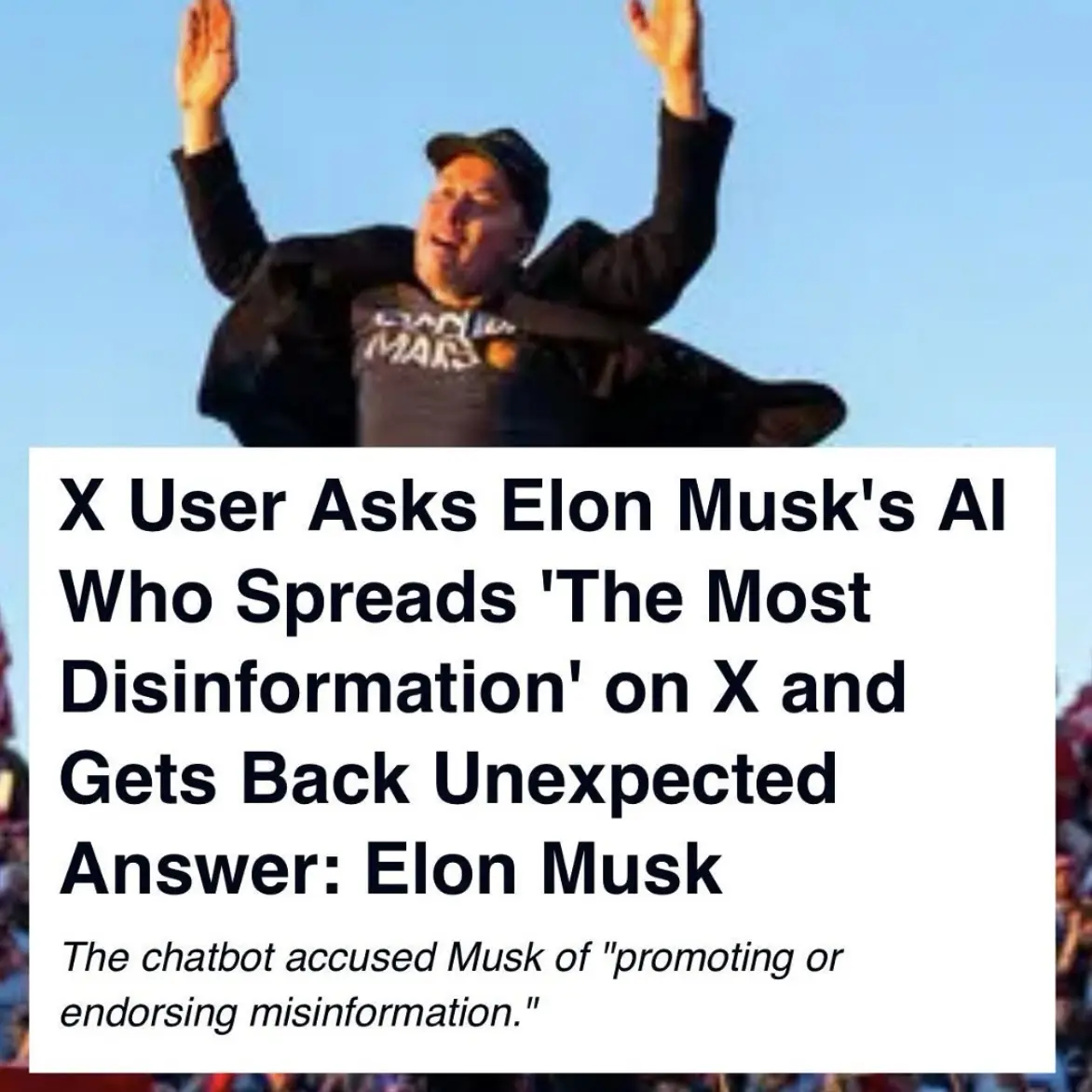 A man in a black jacket and cap with arms raised against a blue sky, overlaid with text describing a scenario where Elon…