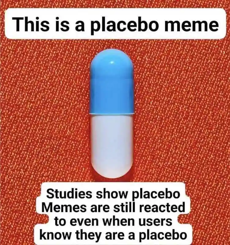A blue-and-white pill capsule sits centered on a textured red-orange background. Overlaid text in white boxes reads: 'This…