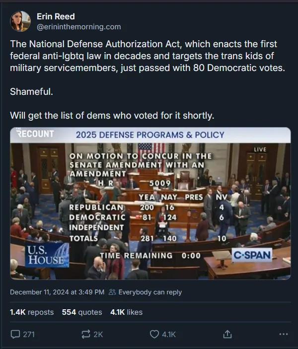 A screenshot from a C-SPAN broadcast of a U.S. House vote on the 2025 Defense Programs & Policy bill, showing vote tallies…
