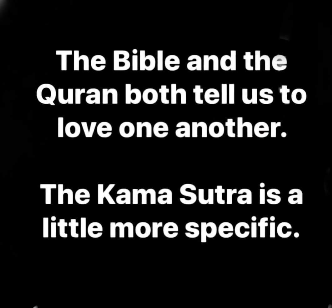A black background with white text in two paragraphs. The first paragraph reads 'The Bible and the Quran both tell us to…