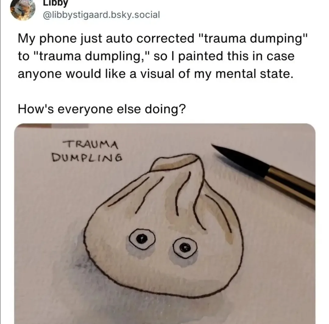A hand-drawn watercolor illustration shows a dumpling with two large, wide eyes, resembling a startled or anxious face. The…