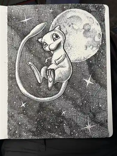 A black-and-white ink drawing in a sketchbook shows the Pokémon Mewtwo curled up and sleeping peacefully on a crescent moon…