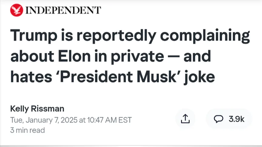 A screenshot of a news article from the Independent with the headline 'Trump is reportedly complaining about Elon in private…