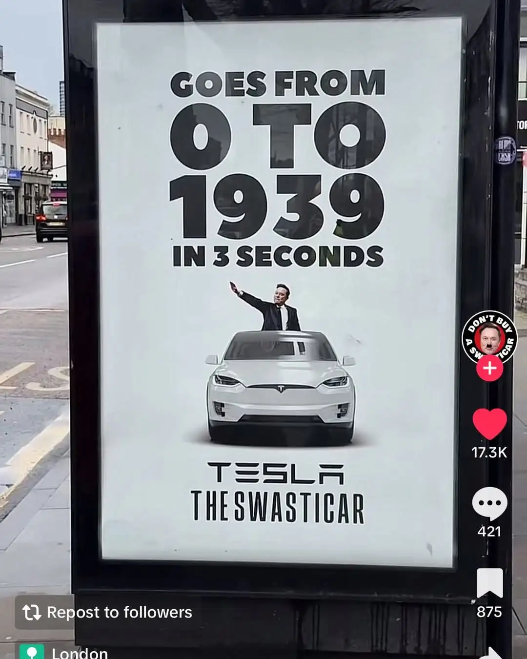 A street advertisement for a Tesla car features bold text claiming it 'goes from 0 to 1939 in 3 seconds', with a man in a…