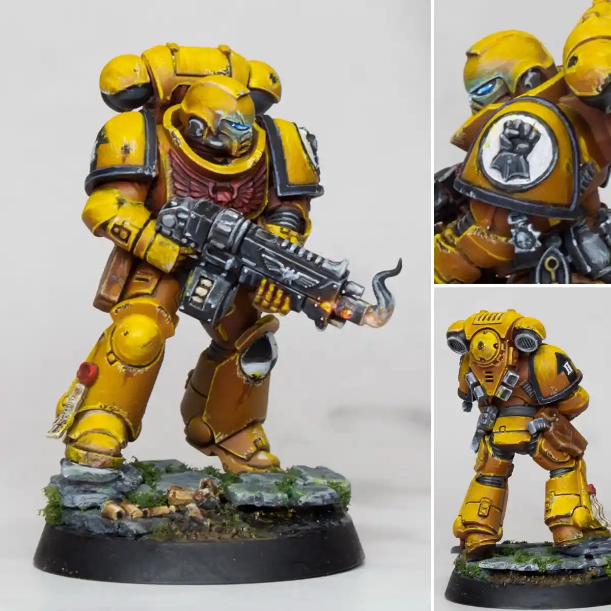 A collage of three photos shows a heavily weathered, yellow-and-brown painted miniature of a Space Marine from Warhammer…