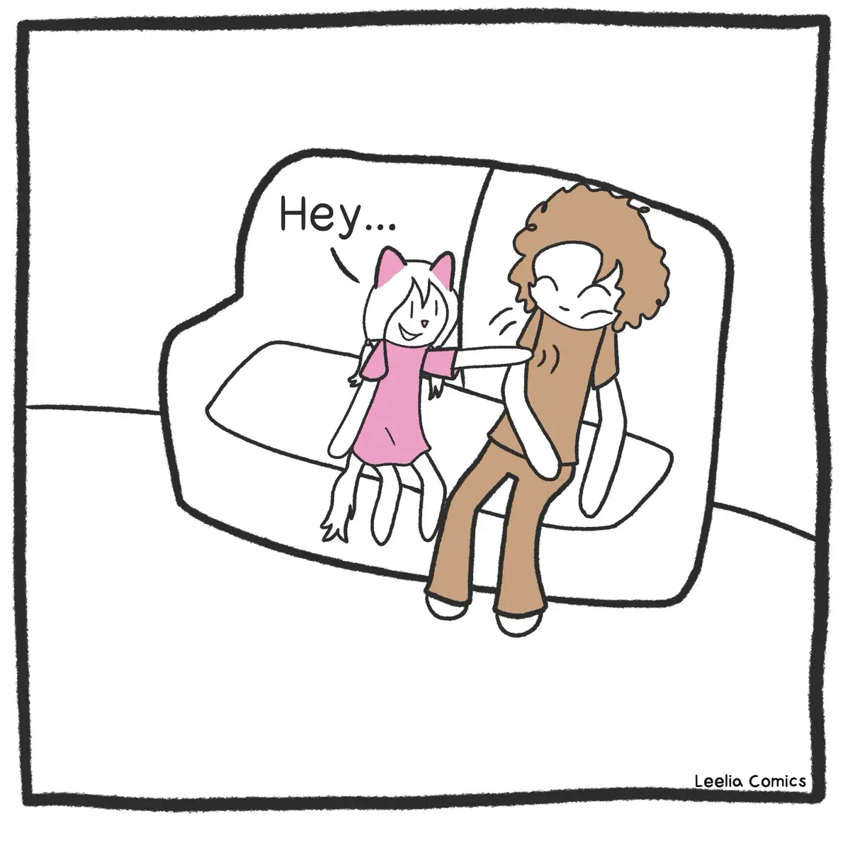 A cartoon drawing shows two characters on a couch: a smiling girl with cat ears and a pink dress on the left, and a person…