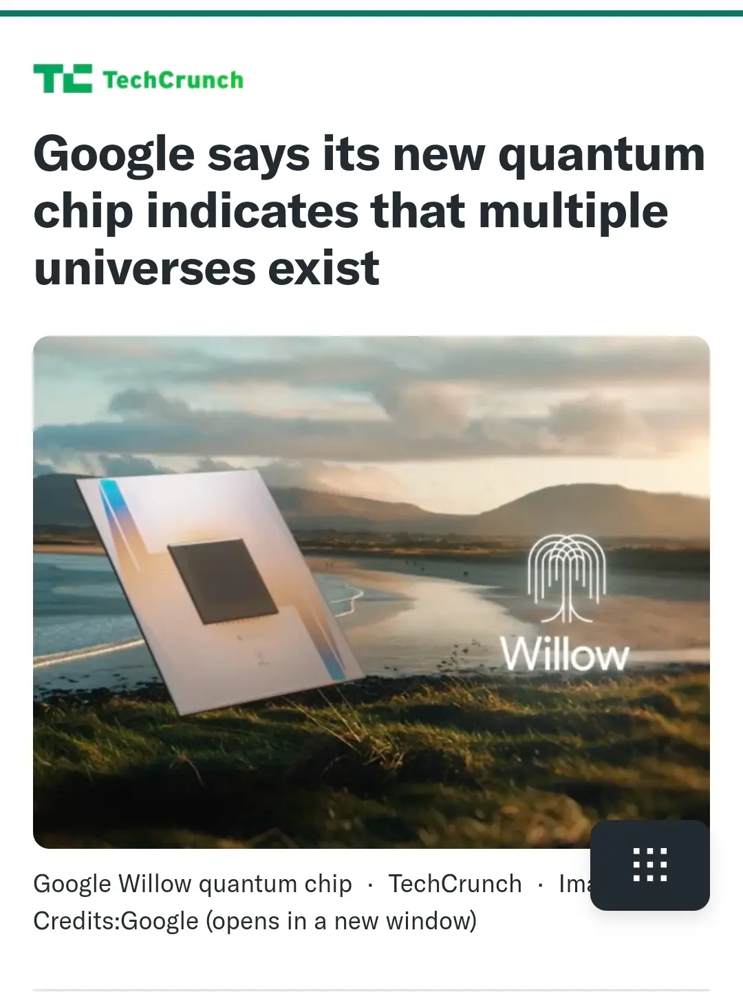A TechCrunch article screenshot shows a headline claiming Google's new quantum chip proves multiple universes exist. The…