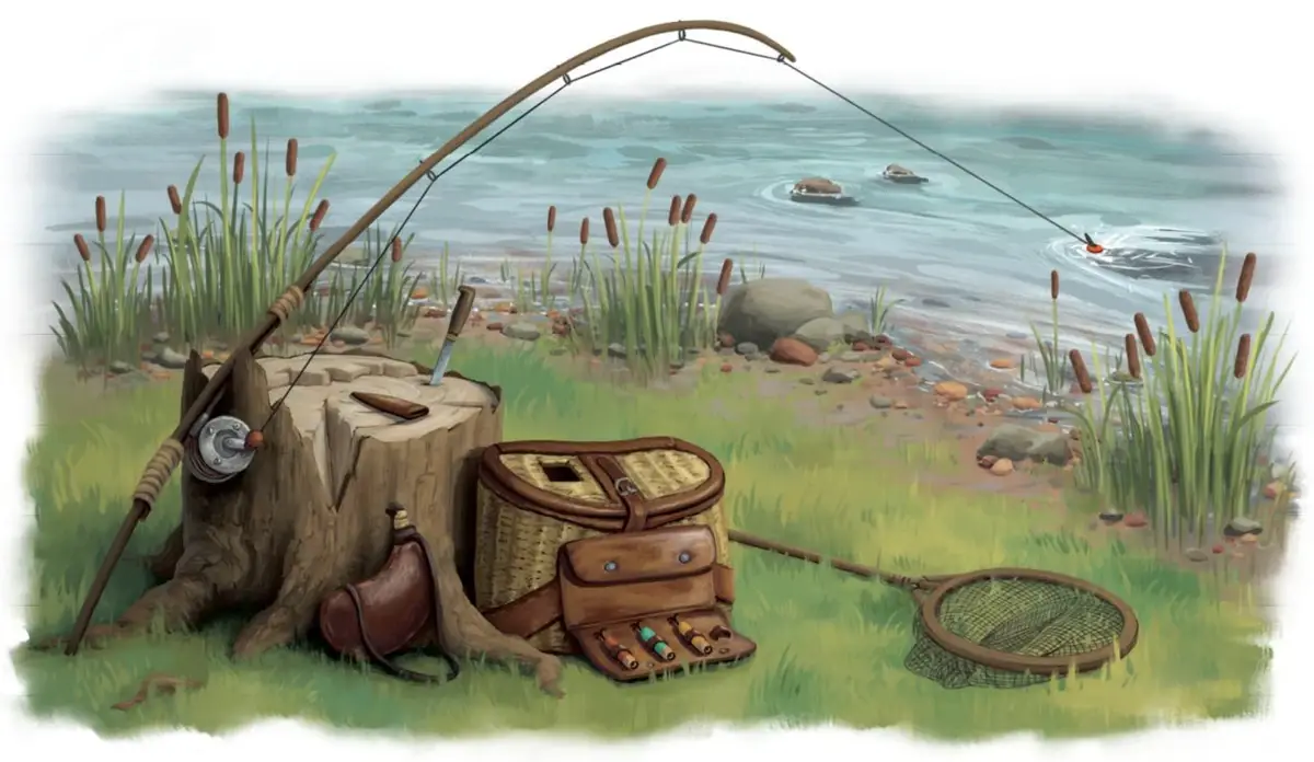 A serene illustration of a fishing setup by a calm lake, featuring a fishing rod leaning on a tree stump, a wicker fishing…