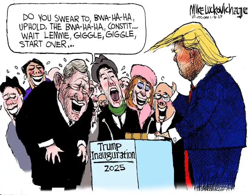 A political cartoon shows Donald Trump at a podium labeled 'Trump Inauguration 2025,' struggling to recite an oath while…
