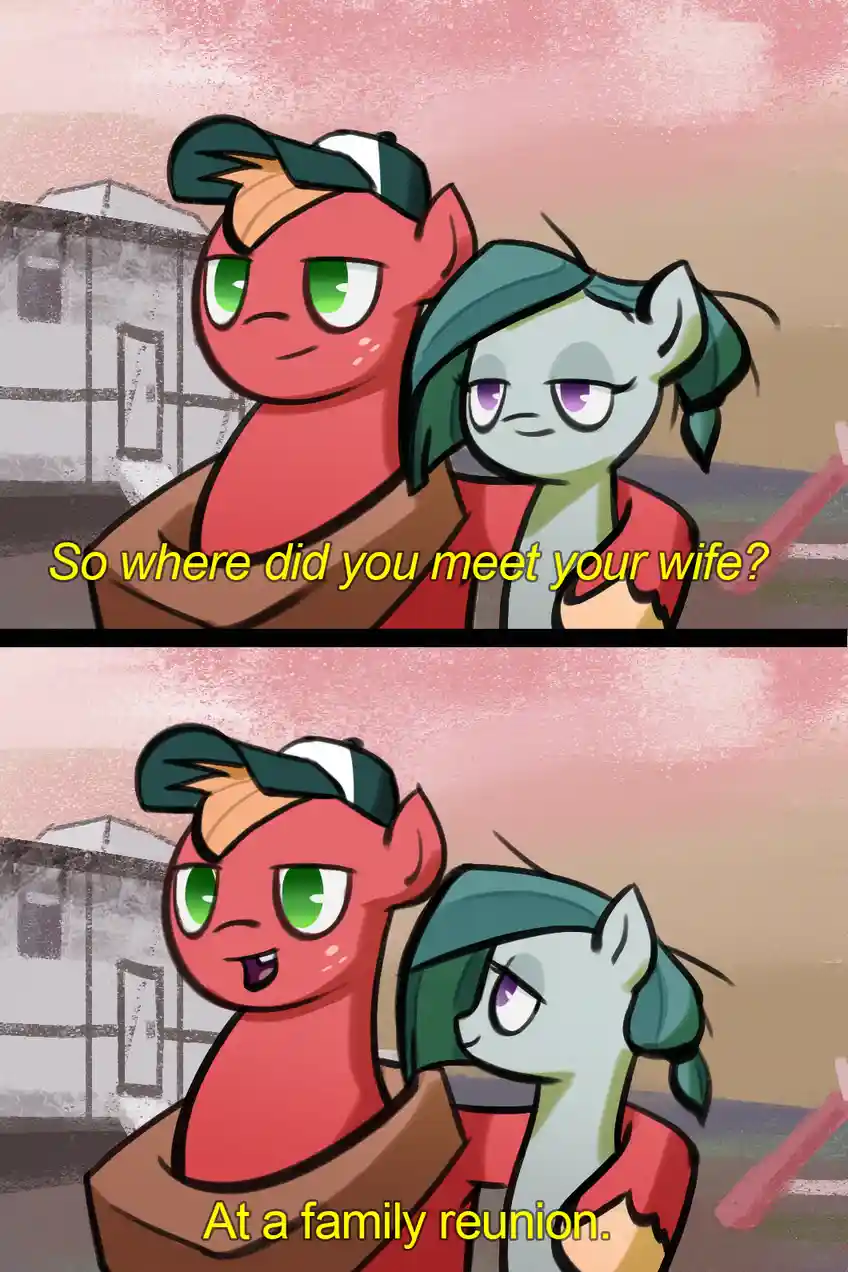 Two cartoon pony characters, one red with green eyes and a cap, the other gray with purple eyes and green hair, are shown in…