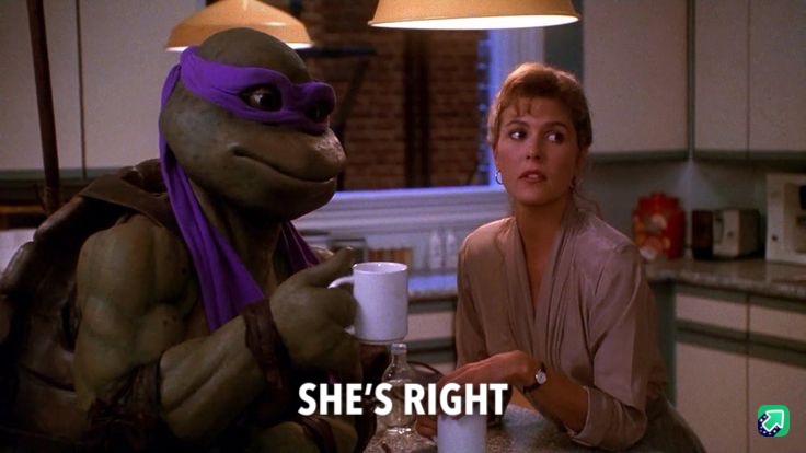 A still from the 1990 movie 'Teenage Mutant Ninja Turtles' shows the character Donatello, a green turtle with a purple mask…