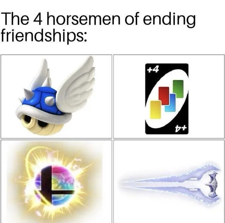 The image displays four panels arranged in a 2x2 grid. Top left shows a blue, winged, spiked shell from Mario Kart. Top…