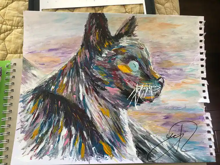 A colorful, textured painting of a cat's head and shoulders, rendered with thick, expressive brushstrokes in blues, purples…