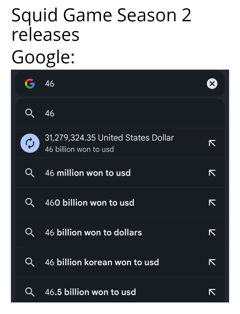 The image shows a Google search bar with the number '46' typed in. Below it, search suggestions appear, all related to…