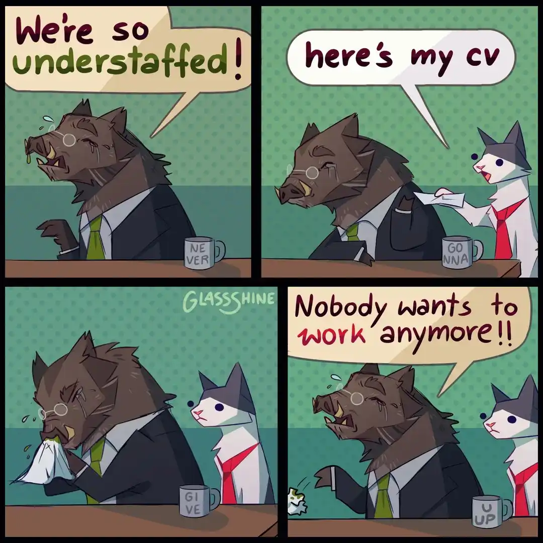 A four-panel comic shows a stressed, crying boar in a suit exclaiming they're understaffed. A cat in a suit hands him a CV…