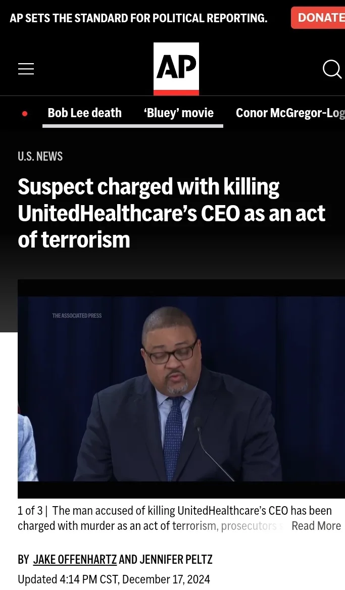 A screenshot of an Associated Press news article headline about a suspect being charged with killing UnitedHealthcare's CEO…