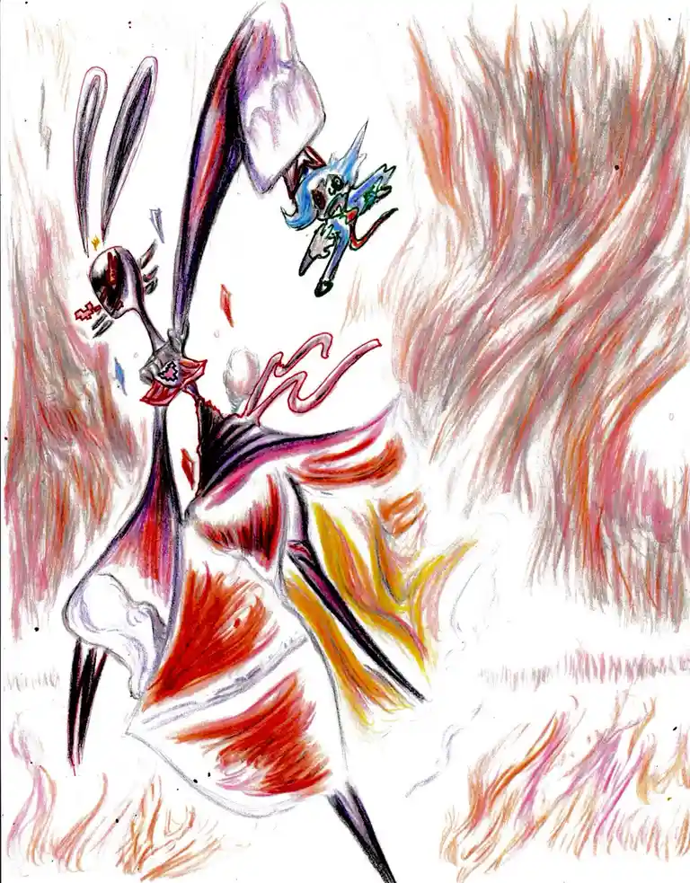 A colorful, sketch-style drawing shows a large, stylized character with long ears and a flowing cape, seemingly in motion or…