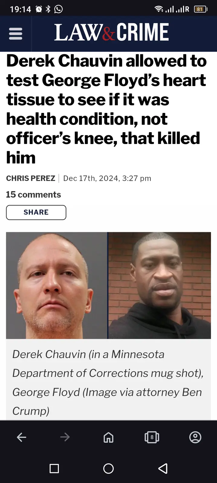 A screenshot of a Law & Crime news article shows side-by-side mugshot of Derek Chauvin and photo of George Floyd. The…