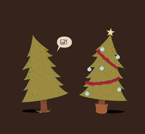 Two cartoon pine trees stand side by side against a dark brown background. The tree on the left is bare and unadorned, while…