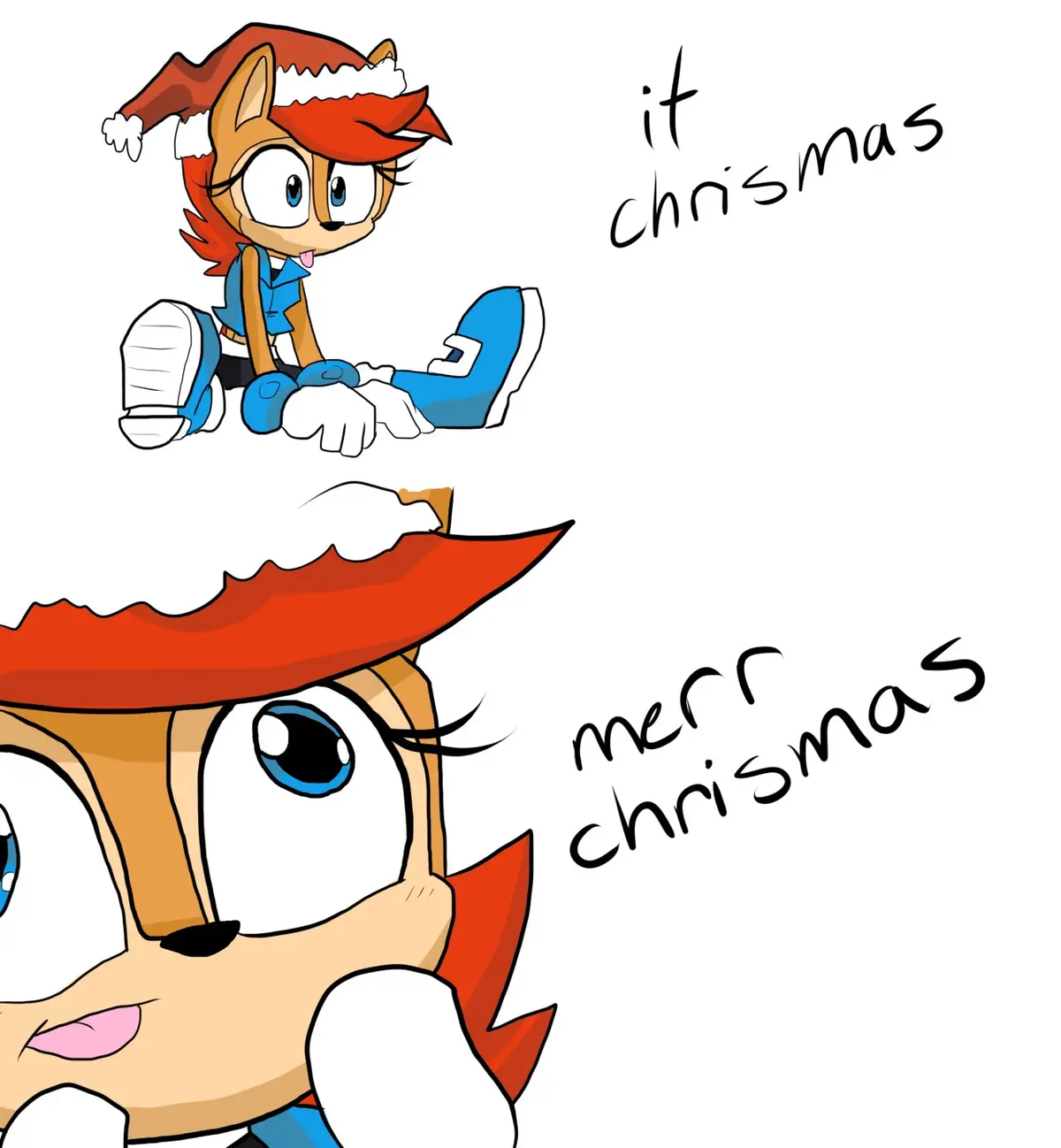 The image shows two panels of the animated character Sally Acorn from Sonic the Hedgehog, both wearing a Santa hat. In the…