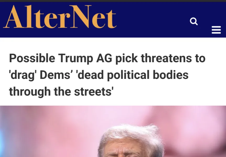 The image shows a screenshot of an AlterNet news article header with the headline 'Possible Trump AG pick threatens to…