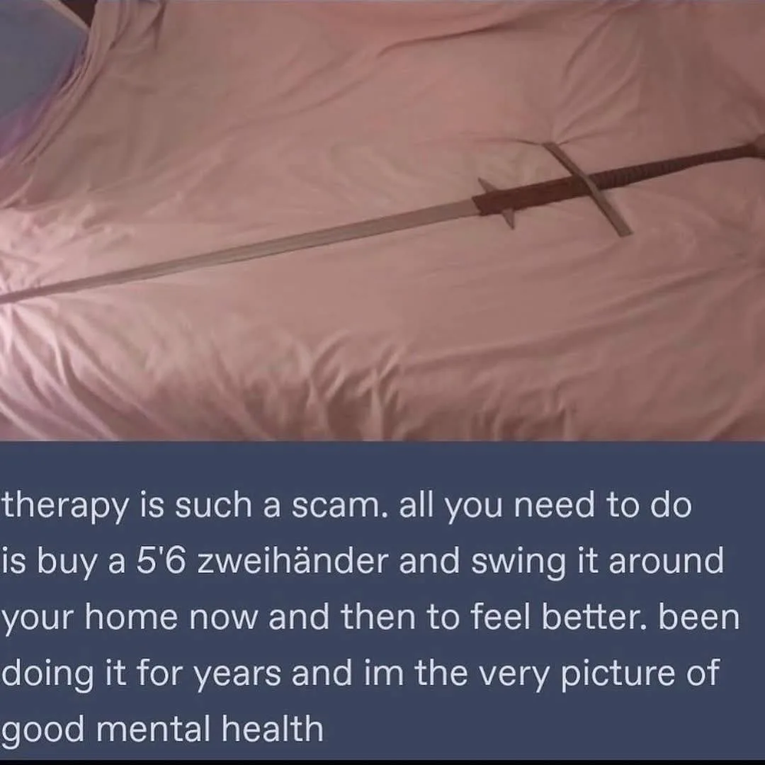 A long, two-handed sword (zweihänder) rests diagonally across a rumpled pink bedspread. Overlaid text humorously claims that…