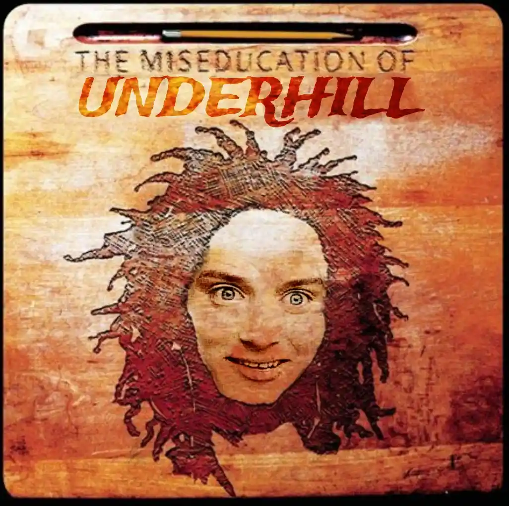 The image shows a stylized, textured artwork resembling an album cover with a wooden background and a pencil slot at the…