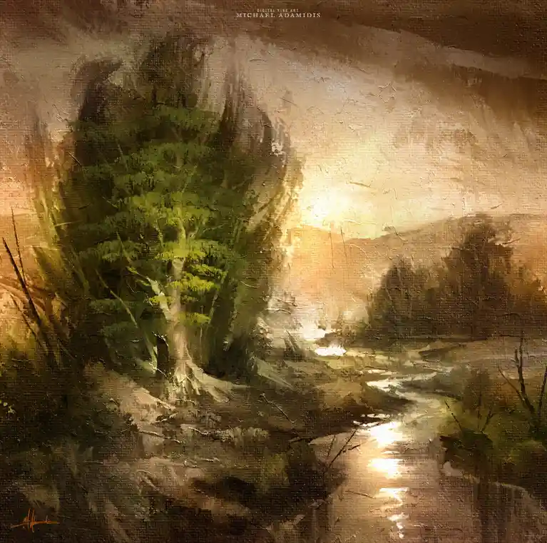 A digital painting by Michael Adamidis depicts a serene, textured landscape with a winding path through a forest…