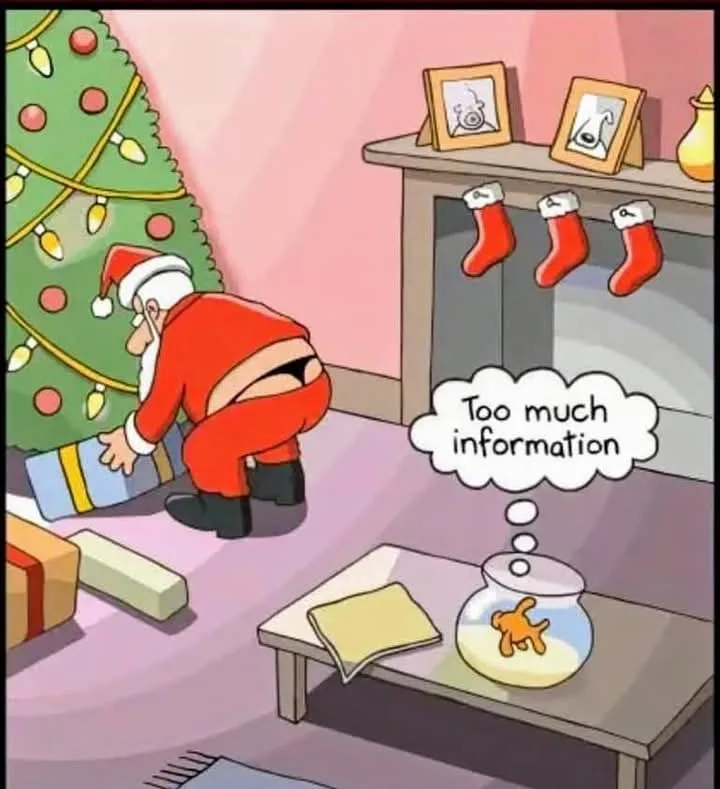 A cartoon Santa Claus is bent over, lifting a wrapped gift near a Christmas tree, with his red suit's back unzipped to…