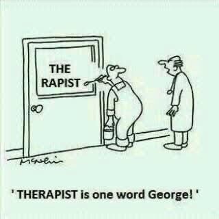 A black-and-white cartoon shows a man in a lab coat holding a clipboard and pointing at a door labeled 'THE RAPIST'. Another…