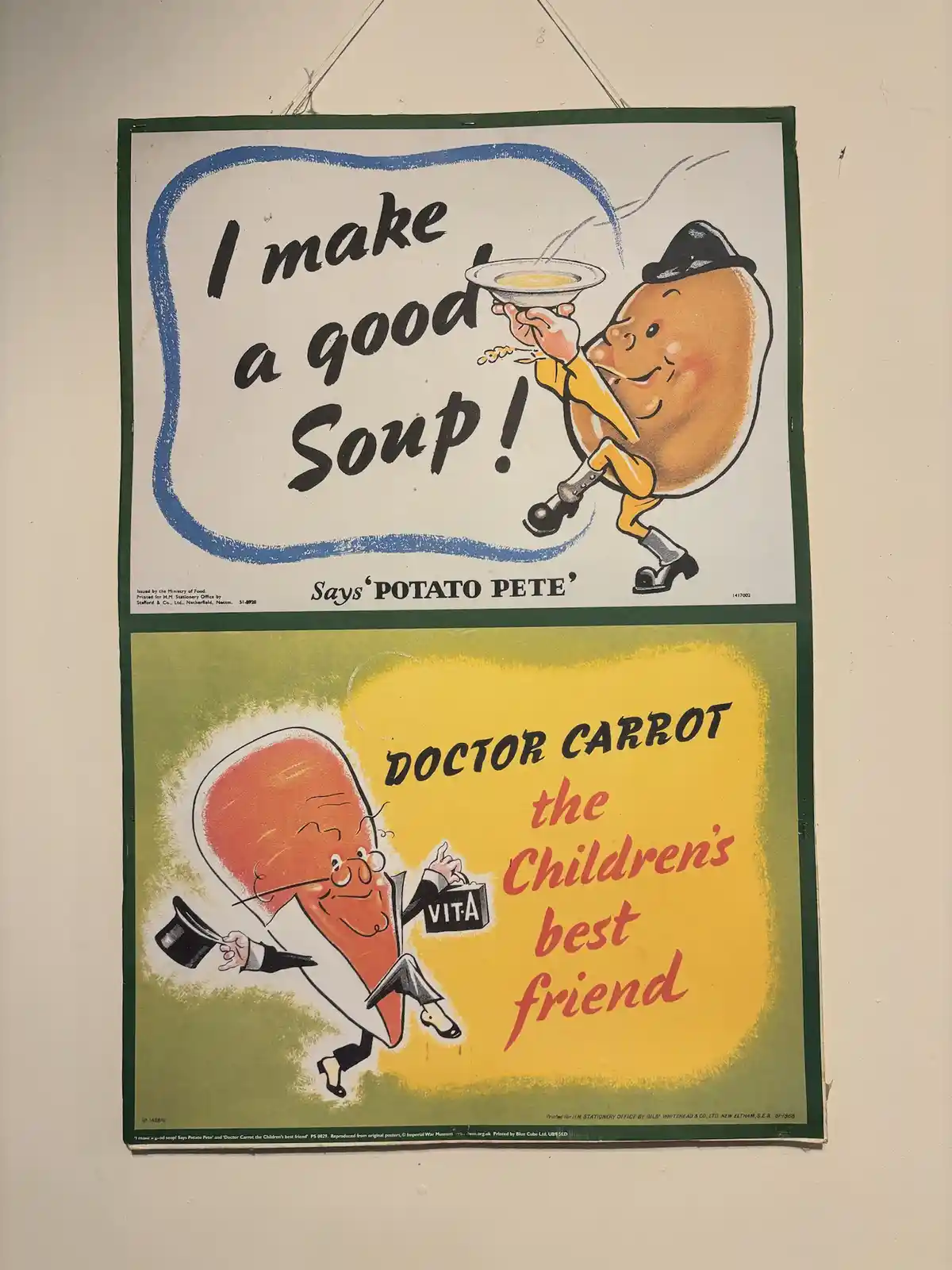 Two vintage British wartime food promotion posters are displayed side-by-side. The top poster shows a cheerful cartoon…