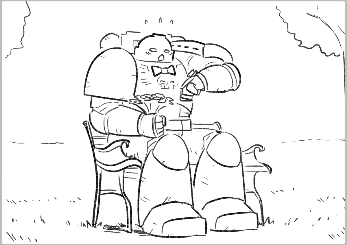 A black-and-white line drawing shows a large, bulky robot with a bowtie sitting on a park bench, holding a bouquet of…