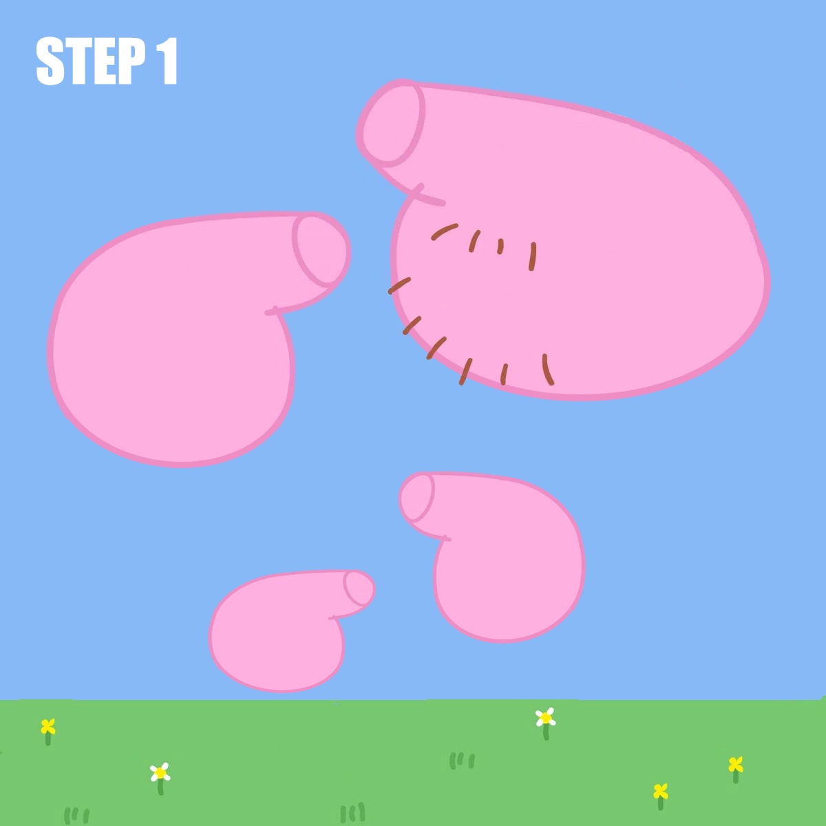 A cartoon image shows four pink, sausage-shaped objects floating in a blue sky above a green grassy field with small…