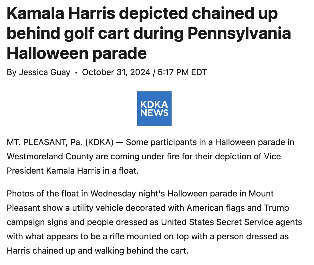 A news article screenshot from KDKA News dated October 31, 2024, reports on a Halloween parade in Mount Pleasant…