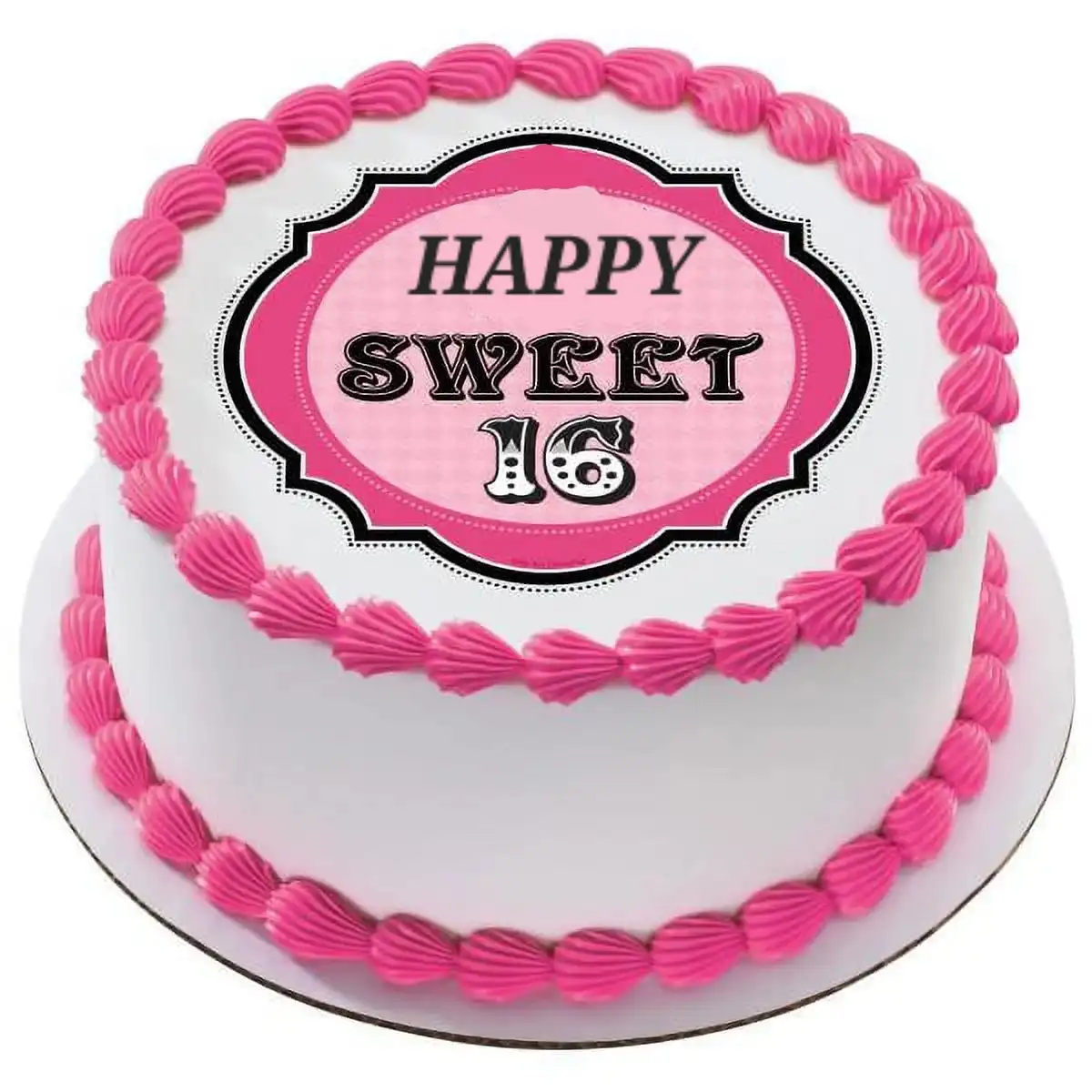 A round white birthday cake decorated with bright pink frosting piped in decorative swirls around the top and bottom edges…