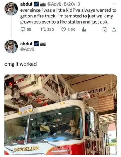 A screenshot of a tweet by user 'abdul' shows a photo of a fire truck inside a station with a mannequin head in the driver's…