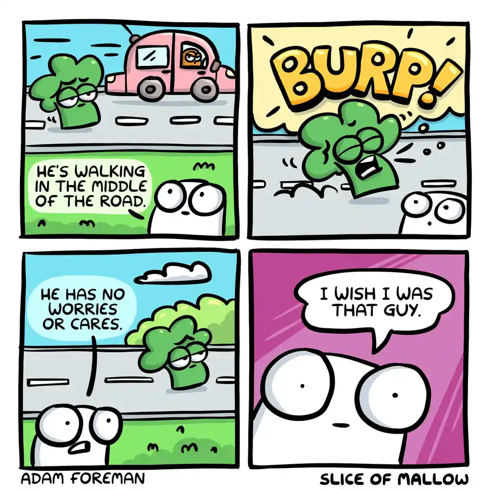 A four-panel comic strip shows a broccoli character walking in the middle of a road while a car approaches. A white…