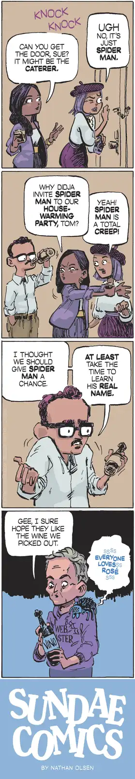 A four-panel comic strip shows two women at a housewarming party, one asking the other to get the door as it might be the…