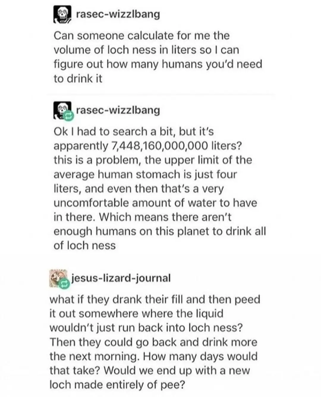 A screenshot of a Reddit thread where a user asks for the volume of Loch Ness in liters to calculate how many humans would…