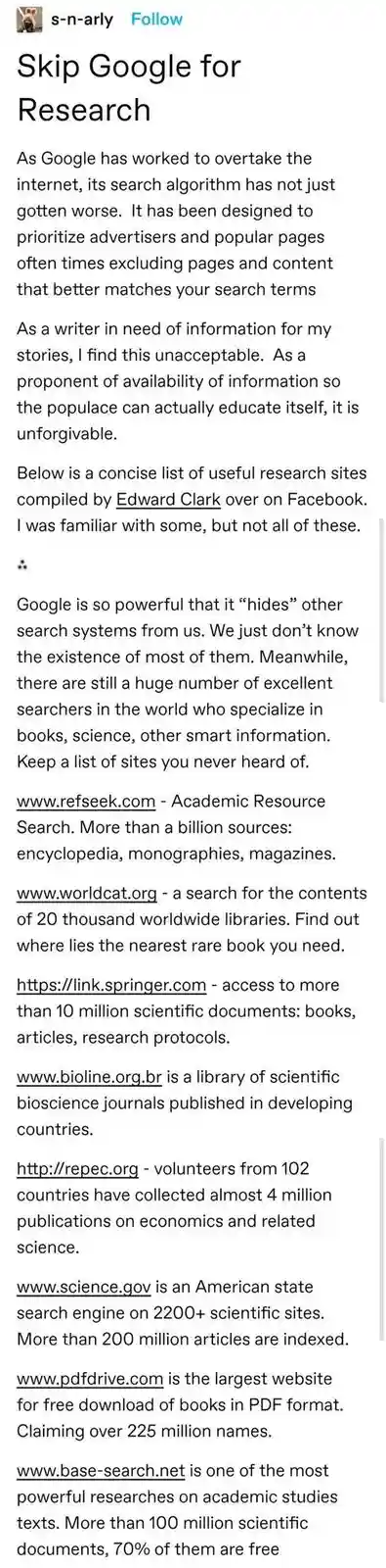 A screenshot of a Facebook post by 's-n-arly' titled 'Skip Google for Research' that criticizes Google's search algorithm…